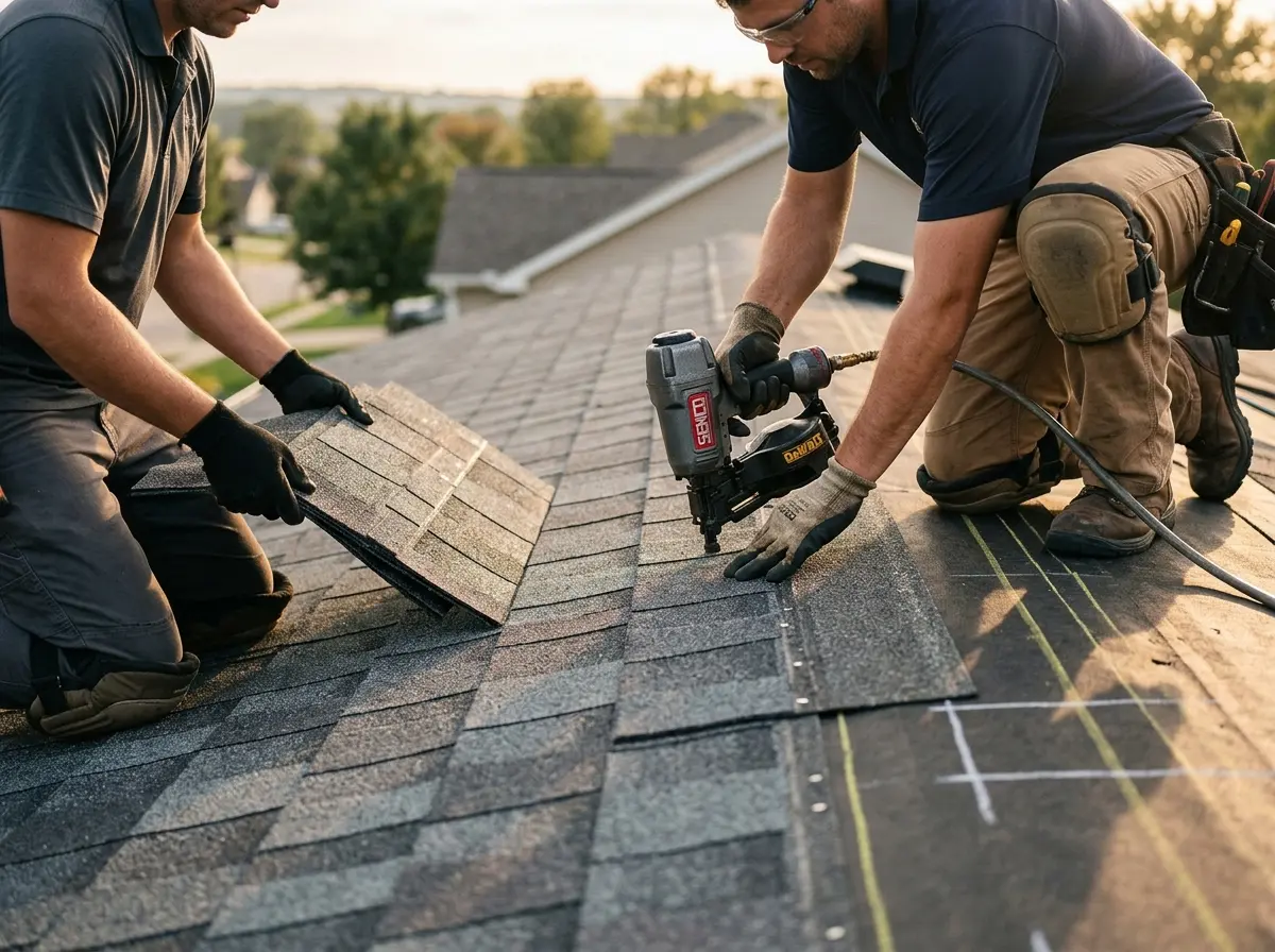 Professional roofer working on a residential roof in Lenox